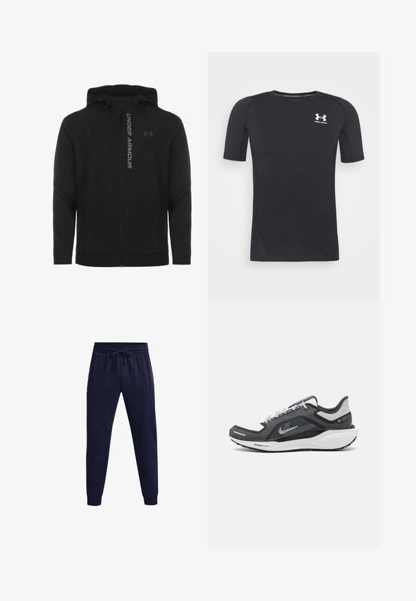 Černá zipová mikina s kapucí vyrobená z měkkého, lehkého materiálu. Obsahuje odrazový logo "UNDER ARMOUR" a hladkou texturu.; Černé sportovní tričko s krátkým rukávem vyrobené z materiálu odvádějícího vlhkost a pružného tkaniny. Má kulatý výstřih a malé bílé logo na prsou.; Námořnické jogger kalhoty vyrobené z měkké látky, s elastickým pasem a stahovací šňůrkou, a se žebrovanými lemy na kotnících.; Černá a šedá sportovní obuv s vrškem z prodyšné síťoviny, reflexními akcenty a bílou mezipodešví. Obsahuje texturovanou gumovou podrážku a tkaničky.