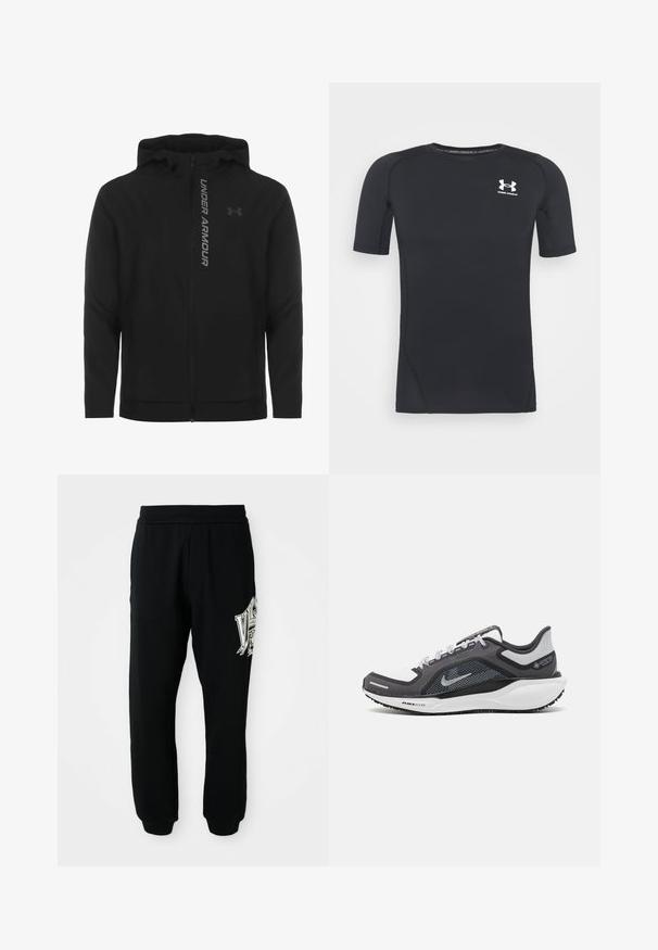 Juodas zip-up gobtuvu džemperis, pagamintas iš minkštos, lengvos medžiagos. Yra atspindintis "UNDER ARMOUR" logotipas ir glotni tekstūra.; Juodas trumpomis rankovėmis sportinis marškinėlis, pagamintas iš drėgmės sugeriančios, tamprios medžiagos. Turi apvalų iškirpimą ir mažą baltą logotipą ant krūtinės.; Juodos sportinės kelnės, pagamintos iš minkštos medžiagos, su raukšlėtu juosmeniu ir rankogaliais. Kairėje kojyje yra grafiška balta ir pilka spauda.; Juodas ir pilkas sportinis batelis su tinkleliu viršuje, atspindinčiais akcentais ir balta vidurinė dalimi. Yra tekstūruota guminė išorinė pada ir raišteliai.