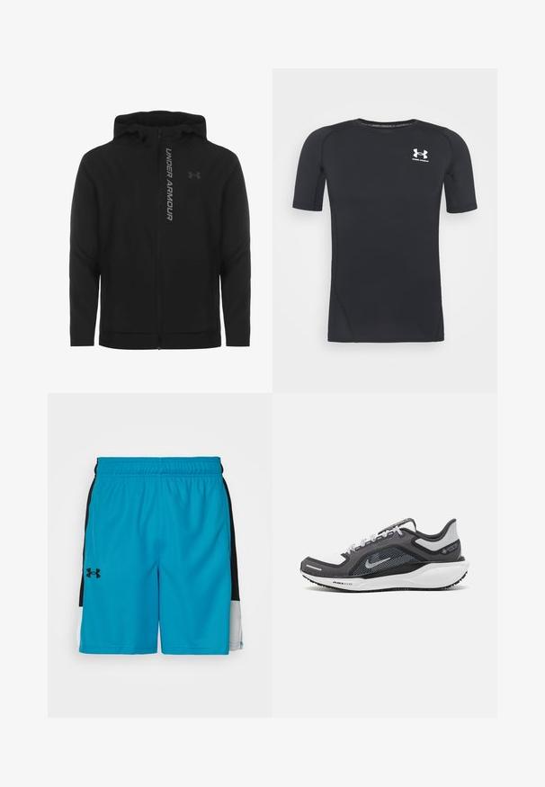 Chaqueta con capucha y cremallera negra hecha de material suave y ligero. Presenta un logotipo reflectante de "UNDER ARMOUR" y una textura lisa.; Camiseta atlética negra de manga corta hecha de un tejido que absorbe la humedad y es elástico. Cuenta con un cuello redondo y un pequeño logo blanco en el pecho.; Shorts deportivos turquesas con paneles laterales negros, cinturilla elástica y pequeño logo negro en la pierna izquierda. Tejido suave y ligero.; Zapatilla deportiva negro y gris con parte superior de malla, acentos reflectantes y una entresuela blanca. Presenta una suela de goma texturizada y cordones.