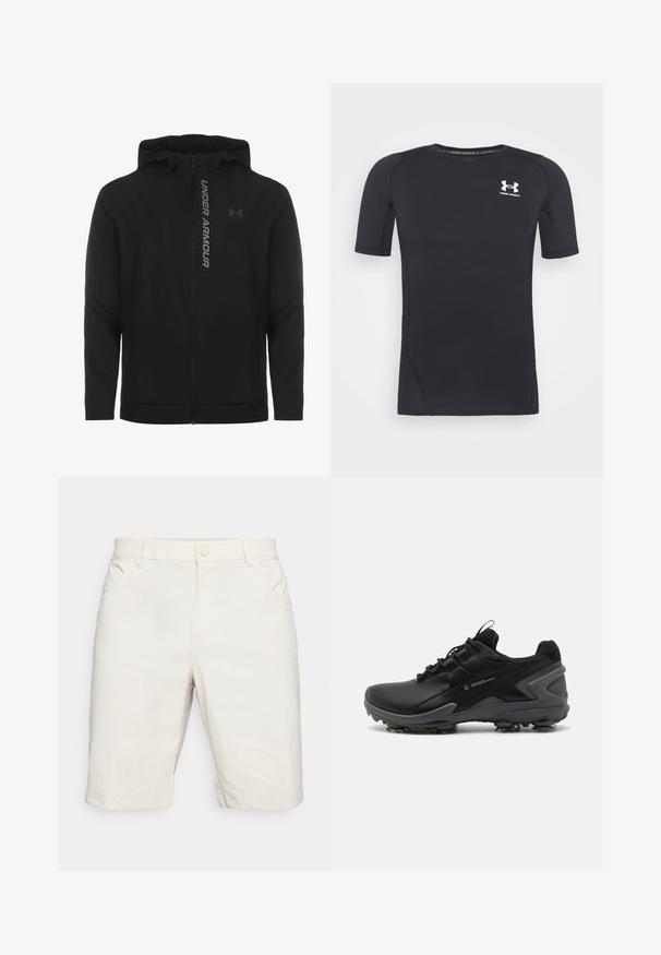 Črna zip-up kapuca izdelana iz mehkega, lahkotnega materiala. Ima odsevni logo "UNDER ARMOUR" in gladko teksturo.; Črna kratka športna majica z dolgimi rokavi iz tkanine, ki odvaja vlago in je raztegljiva. Ima okroglo ovratnico in majhen beli logotip na prsih.; Svetlo bež kratke hlače iz mešanice bombaža, klasičnega kroja, z stranskimi žepi in z zavihanimi robovi za urejen videz.; Črne atletske čevlje z gladkim sintetičnim zgornjim delom, teksturiranim mrežastim ovratnikom in gumijastim podplatom, ki ima oblikovane učinke za oprijem.