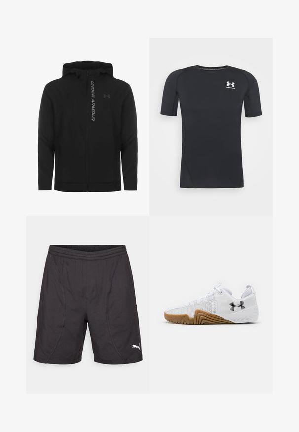 Must must erineva kapuutsiga jakk, mis on valmistatud pehmest ja kergest materjalist. Omab peegeldavat "UNDER ARMOUR" logo ja sujuvat tekstuuri.; Must musta-särk lühikeste varrukatega, valmistatud niiskust eemaldavast, elastsetest kangast. Ümar kaelus ja väikene valge logo rinnal.; Must have mustad sünteetilisest materjalist mustad spordilühikesed püksid, millel on elastne vöökoht, külgmised õmblused ja valge Puma logo alumises paremas nurgas.; Valged sportlikud kingad, mis on varustatud võrgust pealsega, kummise välispõhjaga, millel on pruuni värvi tooni, tekstuursete detailidega ja must logoga külgedel.