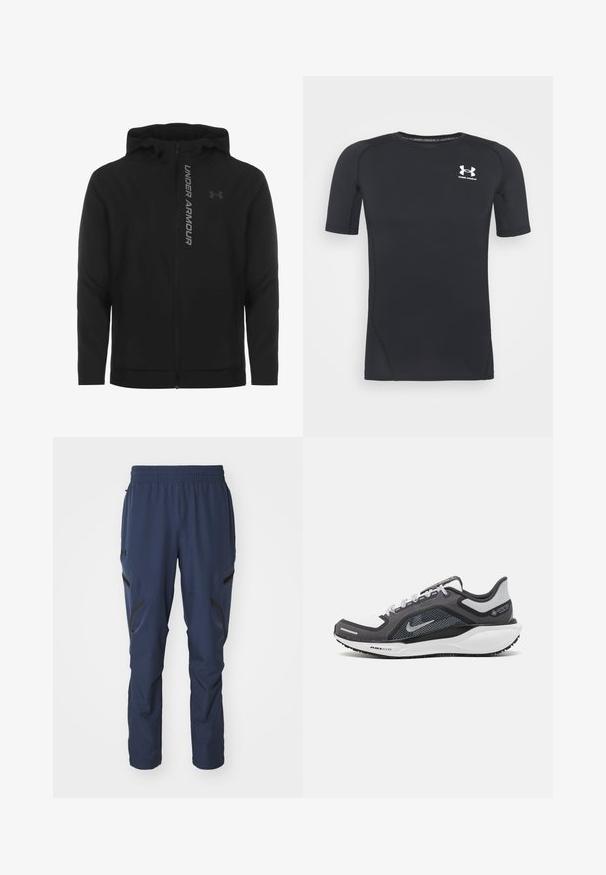 Svart zip-up huva jacka gjord av mjukt, lätt material. Har reflektiv "UNDER ARMOUR"-logotyp och en slät textur.; Svart kortärmad atletisk tröja gjord av fukttransporterande, elastisk tyg. Har en rund halsringning och en liten vit logotyp på bröstet.; Marinblåa träningsbyxor med elastisk midja, dragkedjefickor på sidorna och svarta detaljer vid nederdelen av benen. Slät, lättviktig material.; Svart och grå atletisk sko med ovandel i mesh, reflexdetaljer och en vit mellansula. Har en strukturerad gummisula och skosnören.