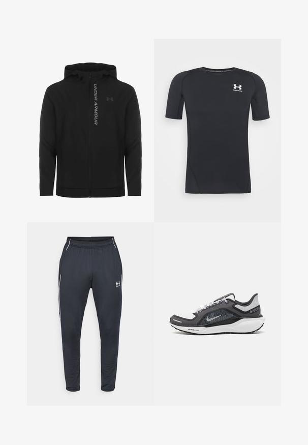 Juodas zip-up gobtuvu džemperis, pagamintas iš minkštos, lengvos medžiagos. Yra atspindintis "UNDER ARMOUR" logotipas ir glotni tekstūra.; Juodas trumpomis rankovėmis sportinis marškinėlis, pagamintas iš drėgmės sugeriančios, tamprios medžiagos. Turi apvalų iškirpimą ir mažą baltą logotipą ant krūtinės.; Juodos sportinės kelnės, pagamintos iš lygaus audinio, su elastingu juosmeniu, susiaurėjusiomis kojomis ir baltomis šoninėmis juostelėmis. Įskaičiuota Under Armour logotipas.; Juodas ir pilkas sportinis batelis su tinkleliu viršuje, atspindinčiais akcentais ir balta vidurinė dalimi. Yra tekstūruota guminė išorinė pada ir raišteliai.