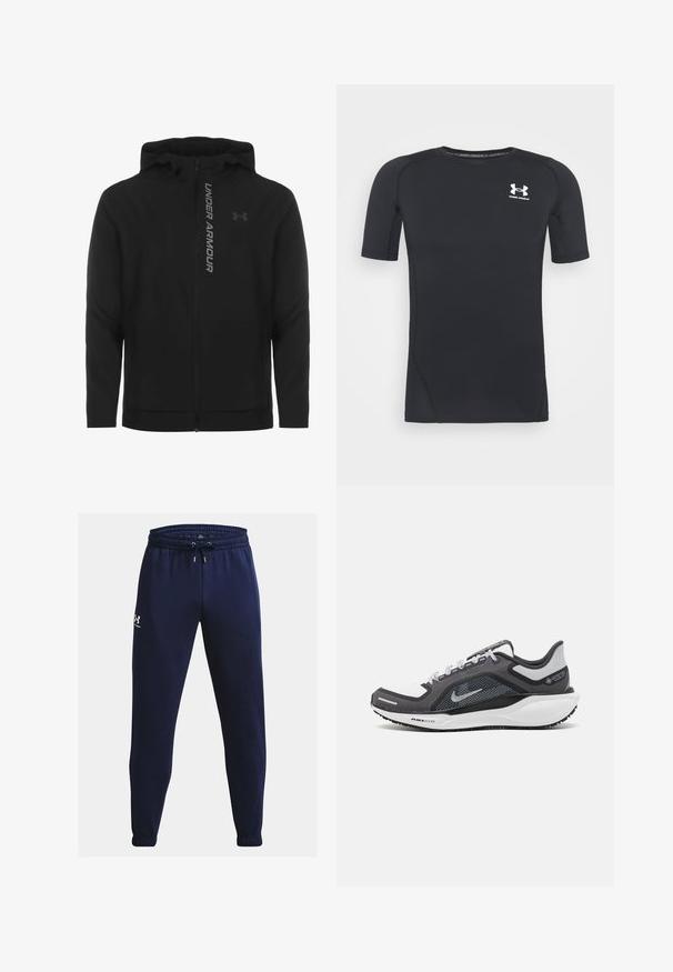 Črna zip-up kapuca izdelana iz mehkega, lahkotnega materiala. Ima odsevni logo "UNDER ARMOUR" in gladko teksturo.; Črna kratka športna majica z dolgimi rokavi iz tkanine, ki odvaja vlago in je raztegljiva. Ima okroglo ovratnico in majhen beli logotip na prsih.; Temno modri trenirki iz mehkega blaga, z elastičnim pasom in vrvico ter zoženimi manšetami na gležnjih. Enostavna podrobnost z logotipom.; Črne in sive atletske čevlje z mrežasto zgornjim delom, odsevnimi detajli in belim srednjim podplatom. Imajo strukturiran gumijast podplat in vezalke.