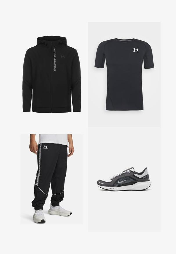 Črna zip-up kapuca izdelana iz mehkega, lahkotnega materiala. Ima odsevni logo "UNDER ARMOUR" in gladko teksturo.; Črna kratka športna majica z dolgimi rokavi iz tkanine, ki odvaja vlago in je raztegljiva. Ima okroglo ovratnico in majhen beli logotip na prsih.; Črne trenirke iz gladkega materiala, opremljene z belimi črtami in stranskimi trakovi z logotipom. Oprijet kroj z elastičnimi manšetami na gležnjih.; Črne in sive atletske čevlje z mrežasto zgornjim delom, odsevnimi detajli in belim srednjim podplatom. Imajo strukturiran gumijast podplat in vezalke.