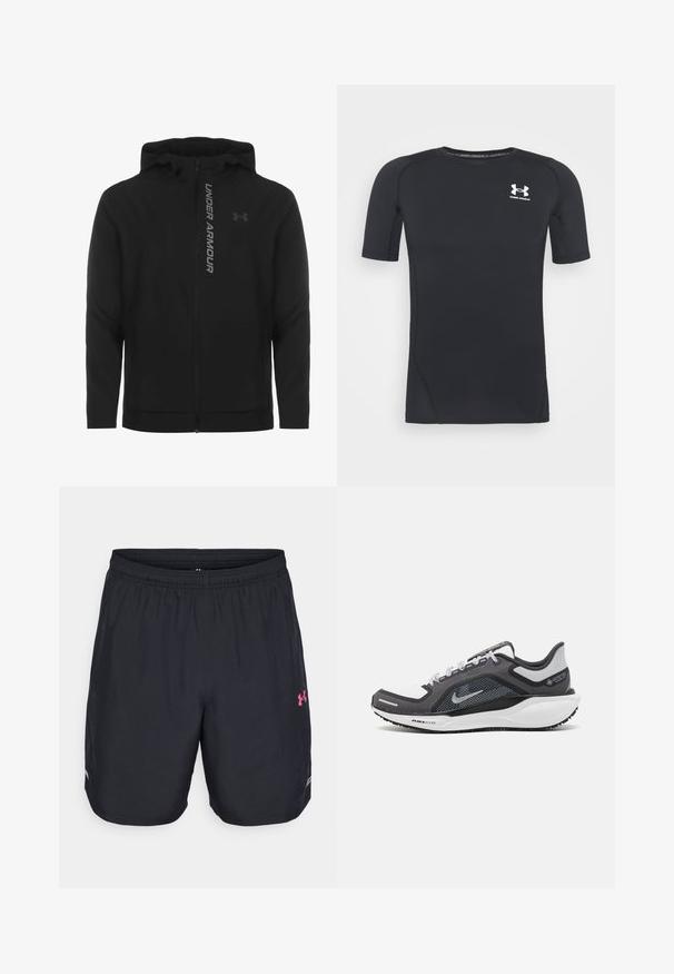 Svart zip-up huva jacka gjord av mjukt, lätt material. Har reflektiv "UNDER ARMOUR"-logotyp och en slät textur.; Svart kortärmad atletisk tröja gjord av fukttransporterande, elastisk tyg. Har en rund halsringning och en liten vit logotyp på bröstet.; Svarta träningsshorts i lätt material. Har en elastisk midja, rosa logotyp på höger sida och mesh-accenter på sidorna.; Svart och grå atletisk sko med ovandel i mesh, reflexdetaljer och en vit mellansula. Har en strukturerad gummisula och skosnören.