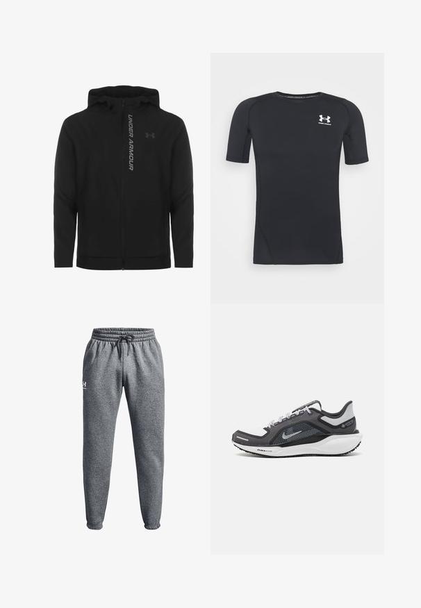Črna zip-up kapuca izdelana iz mehkega, lahkotnega materiala. Ima odsevni logo "UNDER ARMOUR" in gladko teksturo.; Črna kratka športna majica z dolgimi rokavi iz tkanine, ki odvaja vlago in je raztegljiva. Ima okroglo ovratnico in majhen beli logotip na prsih.; Sive trenirke iz mehkega materiala z elastičnim pasom in vrvico. Imajo ožje hlačnice in logo na levi strani.; Črne in sive atletske čevlje z mrežasto zgornjim delom, odsevnimi detajli in belim srednjim podplatom. Imajo strukturiran gumijast podplat in vezalke.