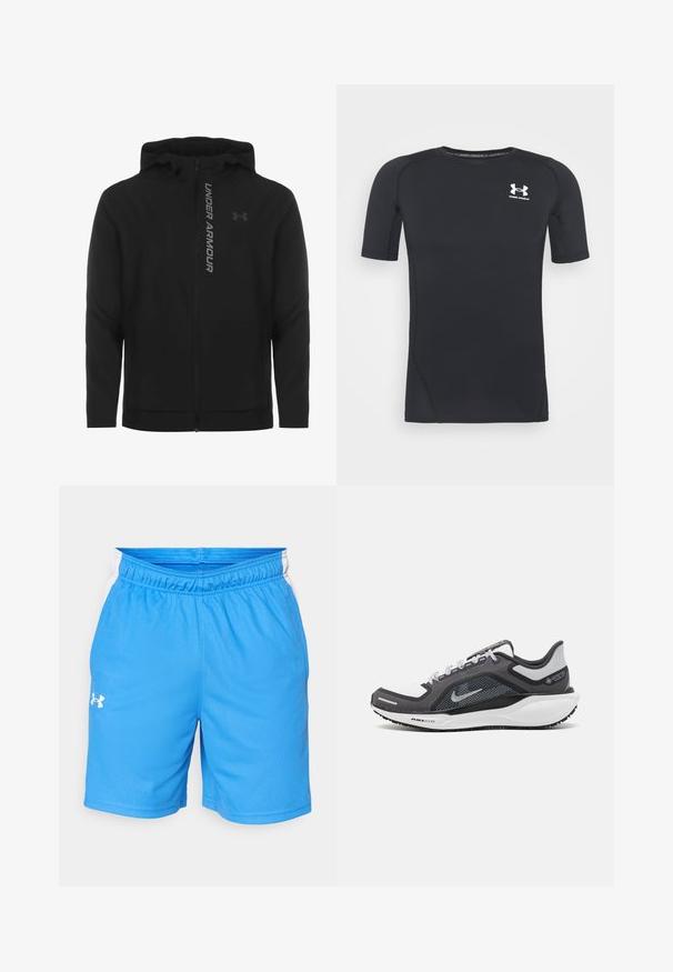 Must must erineva kapuutsiga jakk, mis on valmistatud pehmest ja kergest materjalist. Omab peegeldavat "UNDER ARMOUR" logo ja sujuvat tekstuuri.; Must musta-särk lühikeste varrukatega, valmistatud niiskust eemaldavast, elastsetest kangast. Ümar kaelus ja väikene valge logo rinnal.; Sinised spordilühikesed püksid, mis on valmistatud tekstureeritud polüestrist, elastse vöökohtaga, valgete küljeaktsentide ja väikese logoga ees.; Mustern ja hallide värvusega spordijalats, millel on võrgusilmast ülemine osa, peegeldavad aktsendid ja valge vaheosa. Omab tekstuuriga kummist välisosa ja kingapaelu.