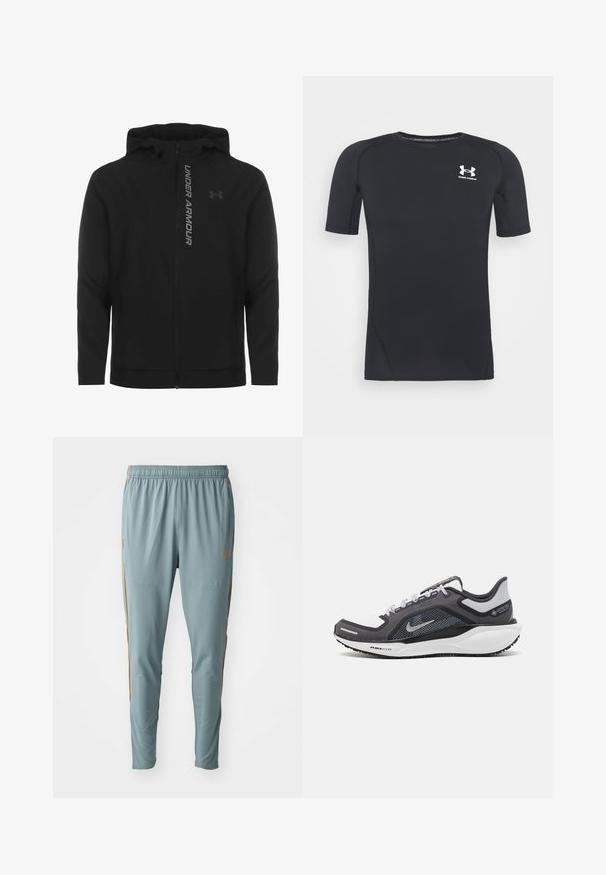 Svart zip-up huva jacka gjord av mjukt, lätt material. Har reflektiv "UNDER ARMOUR"-logotyp och en slät textur.; Svart kortärmad atletisk tröja gjord av fukttransporterande, elastisk tyg. Har en rund halsringning och en liten vit logotyp på bröstet.; Ljusblåa träningsbyxor i mjukt material, med elastisk midja och orange sidodetaljer. Åtsittande design med avsmalnande ben.; Svart och grå atletisk sko med ovandel i mesh, reflexdetaljer och en vit mellansula. Har en strukturerad gummisula och skosnören.
