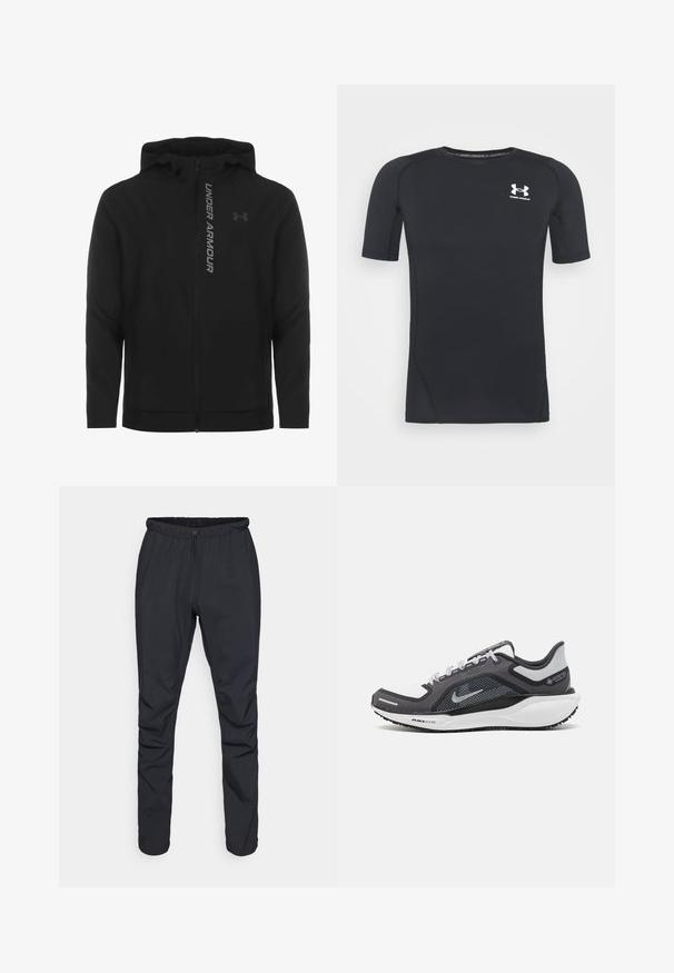 Črna zip-up kapuca izdelana iz mehkega, lahkotnega materiala. Ima odsevni logo "UNDER ARMOUR" in gladko teksturo.; Črna kratka športna majica z dolgimi rokavi iz tkanine, ki odvaja vlago in je raztegljiva. Ima okroglo ovratnico in majhen beli logotip na prsih.; Črne lahke hlače z elastičnim pasom, zapiranjem na vrvico in ozkimi nogami. Narejene so iz vodoodpornega materiala z gladko strukturo.; Črne in sive atletske čevlje z mrežasto zgornjim delom, odsevnimi detajli in belim srednjim podplatom. Imajo strukturiran gumijast podplat in vezalke.
