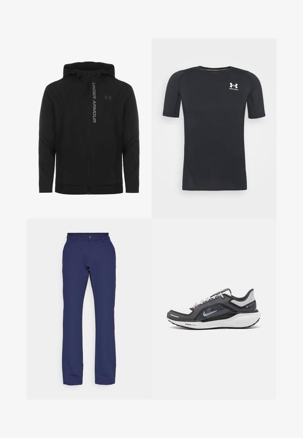 Črna zip-up kapuca izdelana iz mehkega, lahkotnega materiala. Ima odsevni logo "UNDER ARMOUR" in gladko teksturo.; Črna kratka športna majica z dolgimi rokavi iz tkanine, ki odvaja vlago in je raztegljiva. Ima okroglo ovratnico in majhen beli logotip na prsih.; Mornarsko modri hlače iz mehkega, raztegljivega materiala. Imajo ravno obliko nog, zanke za pas in sprednje zapiranje na gumb.; Črne in sive atletske čevlje z mrežasto zgornjim delom, odsevnimi detajli in belim srednjim podplatom. Imajo strukturiran gumijast podplat in vezalke.