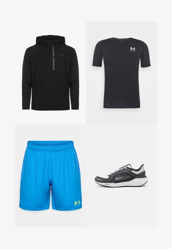 Juodas zip-up gobtuvu džemperis, pagamintas iš minkštos, lengvos medžiagos. Yra atspindintis "UNDER ARMOUR" logotipas ir glotni tekstūra.; Juodas trumpomis rankovėmis sportinis marškinėlis, pagamintas iš drėgmės sugeriančios, tamprios medžiagos. Turi apvalų iškirpimą ir mažą baltą logotipą ant krūtinės.; Mėlynos sportinės šortai, pagaminti iš lengvo medžiagos, su elastinga juosmens juosta ir tinkliniais šonais. Išsiskiriantis geltonas "Under Armour" logotipas.; Juodas ir pilkas sportinis batelis su tinkleliu viršuje, atspindinčiais akcentais ir balta vidurinė dalimi. Yra tekstūruota guminė išorinė pada ir raišteliai.