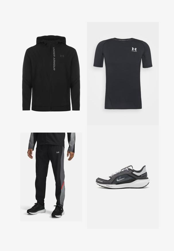 Črna zip-up kapuca izdelana iz mehkega, lahkotnega materiala. Ima odsevni logo "UNDER ARMOUR" in gladko teksturo.; Črna kratka športna majica z dolgimi rokavi iz tkanine, ki odvaja vlago in je raztegljiva. Ima okroglo ovratnico in majhen beli logotip na prsih.; Črne športne hlače z sivo in rdečimi detajli, z elegantnim oblikovanjem in zoženim fitom. Narejene so iz lahkega materiala z gladko teksturo.; Črne in sive atletske čevlje z mrežasto zgornjim delom, odsevnimi detajli in belim srednjim podplatom. Imajo strukturiran gumijast podplat in vezalke.