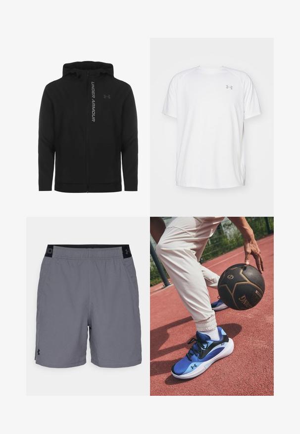 Zwart zip-up hooded jack gemaakt van zacht, lichtgewicht materiaal. Voorzien van een reflecterende "UNDER ARMOUR"-logo en een gladde textuur.; Witte sportieve T-shirt met korte mouwen, gemaakt van gladde stof. Heeft een ronde hals en een grijs logo op de linkerkant van de borst, met zijsplitten aan de zoom.; Grijze sportshorts gemaakt van lichtgewicht stof, met een elastische tailleband met zwarte accenten en zijzakken. Eenvoudig ontwerp zonder patronen.; Blauwe sportschoenen met een zwarte swoosh, gestructureerde bovenkant en een witte zool. Witte broek met elastische boorden, verspreid over een rode speelvloer.