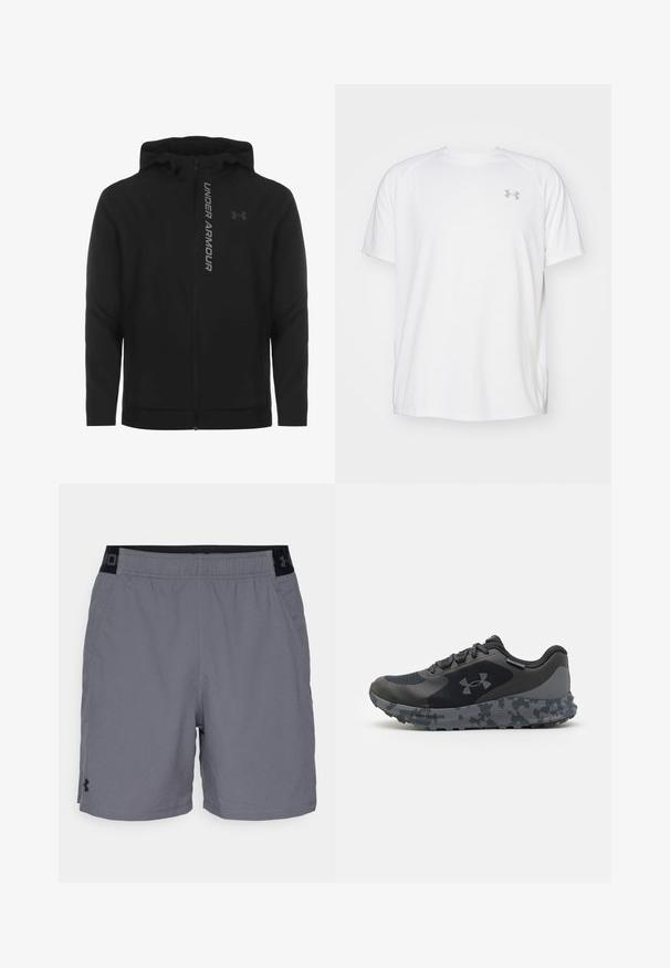 Zwart zip-up hooded jack gemaakt van zacht, lichtgewicht materiaal. Voorzien van een reflecterende "UNDER ARMOUR"-logo en een gladde textuur.; Witte sportieve T-shirt met korte mouwen, gemaakt van gladde stof. Heeft een ronde hals en een grijs logo op de linkerkant van de borst, met zijsplitten aan de zoom.; Grijze sportshorts gemaakt van lichtgewicht stof, met een elastische tailleband met zwarte accenten en zijzakken. Eenvoudig ontwerp zonder patronen.; Zwarte sportieve schoen met een gestructureerde bovenkant, grijs camouflagemotief op de zool en platte veters. Heeft het Under Armour-logo aan de zijkant.