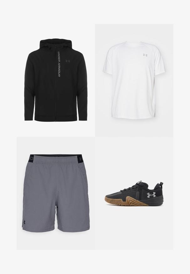 Črna zip-up kapuca izdelana iz mehkega, lahkotnega materiala. Ima odsevni logo "UNDER ARMOUR" in gladko teksturo.; Bela kratka športna majica s kratkimi rokavi, izdelana iz gladkega blaga. Ima okroglo ovratnico in sivo logotip na levi prsi ter stranske razpoke na robu.; Sive kratke športne hlače iz lahkega blaga, z elastičnim pasom z črnimi akcenti in stranskimi žepi. Preprost oblikovanje brez vzorcev.; Črne športne čevlje z mrežasto zgornjščino, teksturiranim gumijastim podplatom in mrežastimi poudarki. Imajo izrazit logotip na strani in zaobljeno obliko prstov.