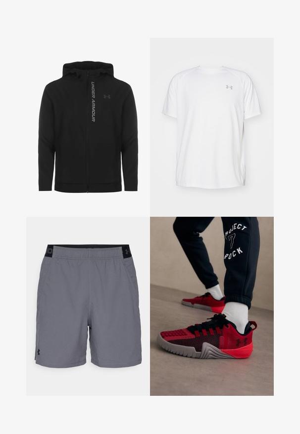 Melnā ar rāvējslēdzēju aizverama kapučjaka, kas izgatavota no mīksta, viegla materiāla. Tam ir atstarojošs "UNDER ARMOUR" logotips un gluda virsma.; Baltas īsajiem piedurknēm sporta krekls, izgatavots no gludas auduma. Tam ir apaļa kakla izgriezums un pelēks logo uz kreisās krūtis, kā arī sānu šķēlumi apakšmalā.; Pelēki sporta šorti, izgatavoti no viegla auduma, ar elastīgu jostasvietu un melnu akcentu, kā arī sānu kabatām. Vienkāršs dizains bez rakstiem.; Persona, kas valkā melnus treniņbikses ar tekstu "Project 7 Rock" un sarkanas un melnas Under Armour sporta apavus ar baltām zeķēm uz bēša grīdas.