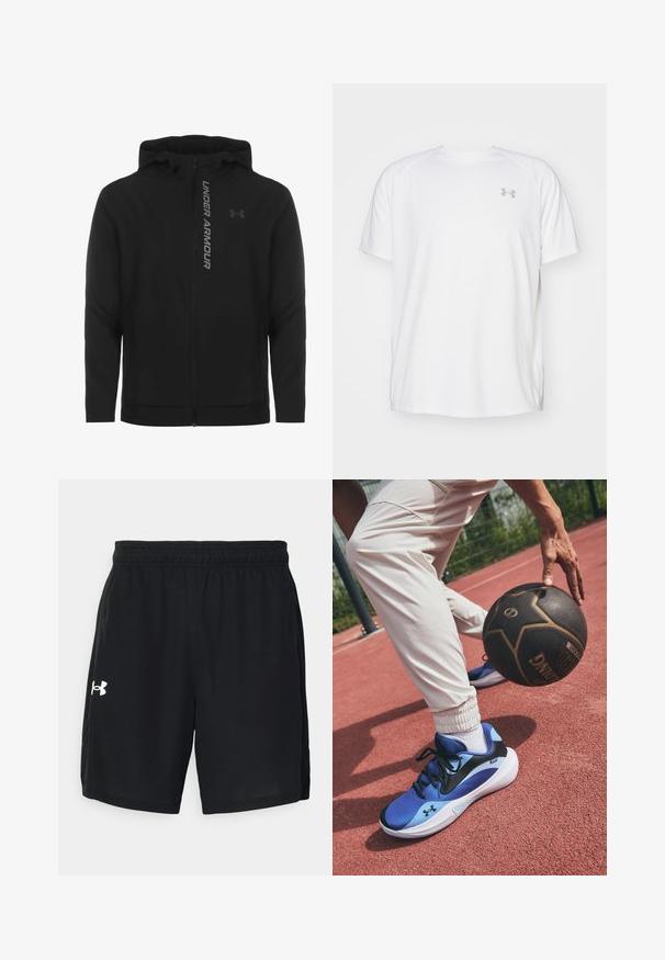 Czarna kurtka z kapturem zapinana na zamek, wykonana z miękkiego, lekkiego materiału. Posiada odblaskowe logo "UNDER ARMOUR" i gładką fakturę.; Biała, krótko rękawowa koszulka sportowa wykonana z gładkiego materiału. Posiada okrągły dekolt oraz szare logo po lewej stronie klatki piersiowej, z bocznymi rozcięciami u dołu.; Czarne sportowe szorty z lekkiego materiału, z elastycznym pasem w talii i białym logo po lewej stronie.; Niebieskie buty sportowe z czarnym logo, teksturowana cholewka i biała podeszwa. Białe spodnie z elastycznymi mankietami, rozłożone na czerwonym boisku.