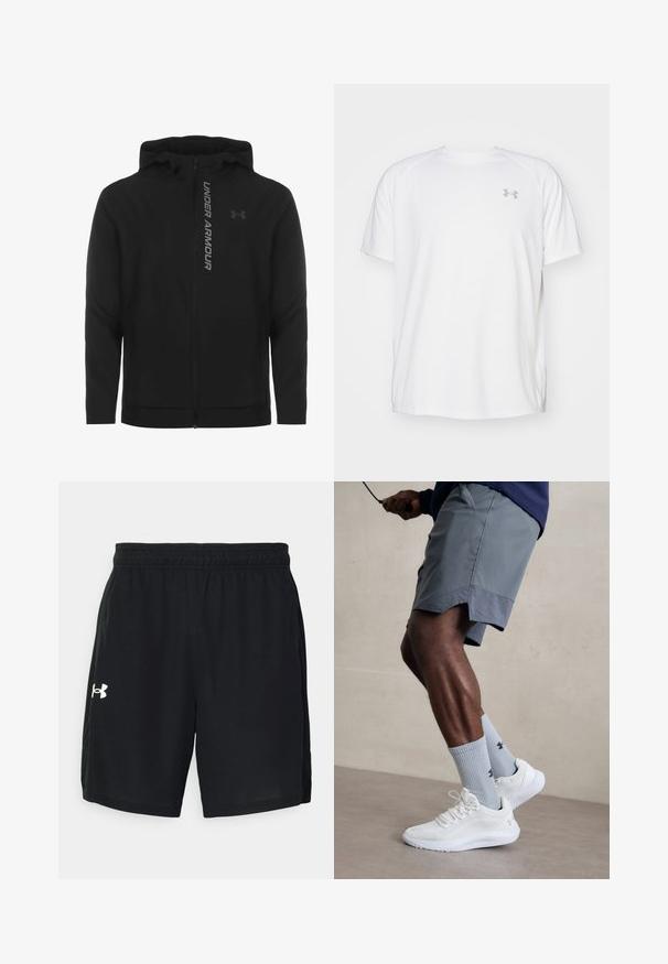 Czarna kurtka z kapturem zapinana na zamek, wykonana z miękkiego, lekkiego materiału. Posiada odblaskowe logo "UNDER ARMOUR" i gładką fakturę.; Biała, krótko rękawowa koszulka sportowa wykonana z gładkiego materiału. Posiada okrągły dekolt oraz szare logo po lewej stronie klatki piersiowej, z bocznymi rozcięciami u dołu.; Czarne sportowe szorty z lekkiego materiału, z elastycznym pasem w talii i białym logo po lewej stronie.; Białe buty sportowe z teksturowaną siateczkową cholewką, zestawione z jasnoniebieskimi skarpetkami prążkowanymi z logo. Szare szorty sportowe z perforowanym wykończeniem.