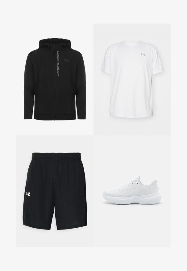 Giacca a zip nera con cappuccio realizzata in materiale morbido e leggero. Presenta il logo riflettente "UNDER ARMOUR" e una texture liscia.; Maglietta da ginnastica bianca a maniche corte realizzata in tessuto liscio. Presenta un colletto rotondo e un logo grigio sul lato sinistro del petto, con fessure laterali all'orlo.; Pantaloni corti sportivi neri realizzati in tessuto leggero, con vita elasticizzata e un logo bianco sul lato sinistro.; Scarpa da ginnastica bianca con tomaia in rete testurizzata, punta arrotondata e suola ammortizzata. Presenta accenti tonali e chiusura con lacci.