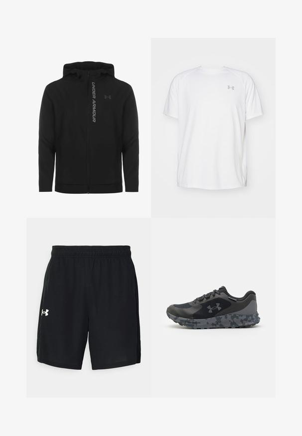 Must must erineva kapuutsiga jakk, mis on valmistatud pehmest ja kergest materjalist. Omab peegeldavat "UNDER ARMOUR" logo ja sujuvat tekstuuri.; Valge lühikeste varrukate ja sportliku lõikega särk, millel on sile kangas. Omab ümarat kaelust ja halli logo vasakul rinnal, ning külgsuured lõhik kui lõhateel.; Mustad musta värvi sportlikud lühikesed püksid, mis on valmistatud kerge kangaga, elastse vöökoha ja valge logoga vasakul küljel.; Mustra mustus musta jooksujalats, millel on tekstureeritud ülemine osa, hall kamuflaažimuster põhjas ja tasased paelad. Külgedel on Under Armouri logo.