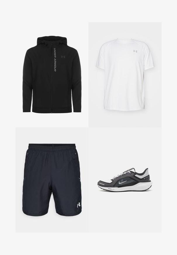 Melnā ar rāvējslēdzēju aizverama kapučjaka, kas izgatavota no mīksta, viegla materiāla. Tam ir atstarojošs "UNDER ARMOUR" logotips un gluda virsma.; Baltas īsajiem piedurknēm sporta krekls, izgatavots no gludas auduma. Tam ir apaļa kakla izgriezums un pelēks logo uz kreisās krūtis, kā arī sānu šķēlumi apakšmalā.; Melnas sporta šortos ar elastīgu jostasvietu, sānu kabatām un mazu baltu logotipu labajā apakšējā kājā. Izgatavoti no viegla auduma.; Melnas un pelēkas sporta kurpes ar tīklu augšdaļu, atstarojošiem akcentiem un baltu starpzoli. Aprīkotas ar teksturētu gumijas zoli un šņorēm.