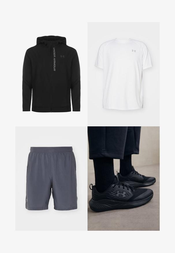 Juodas zip-up gobtuvu džemperis, pagamintas iš minkštos, lengvos medžiagos. Yra atspindintis "UNDER ARMOUR" logotipas ir glotni tekstūra.; Balta trumpa rankovėmis sportinė marškinėliai, pagaminti iš lygaus audinio. Yra apvalus kaklas ir pilkas logotipas kairėje krūtinės pusėje, o apatinėje dalyje yra šoninės plyšiai.; Pilkos sportinės šortai, pagaminti iš lengvos, drėgmę sugeriančios medžiagos. Yra elastingas juosmuo ir siuvinėti akcentai. Nėra kišenių.; Asmuo vilki juodus sportinius batus su tekstūruotomis šoninėmis dalimis ir logotipu, su juodomis kojinėmis ir trumpais kelnais, stovintis ant šviesaus grindų paviršiaus.