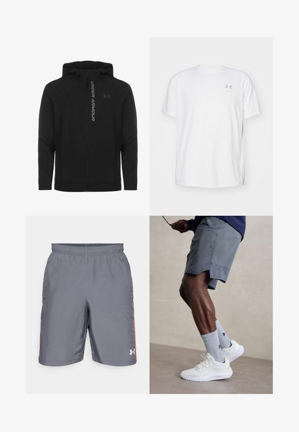 Musta vetoketjulla varustettu huppari, joka on valmistettu pehmeästä ja kevyestä materiaalista. Varustettu heijastavalla "UNDER ARMOUR" -logolla ja sileällä pinnalla.; Valkoinen lyhythihainen urheilupaita, joka on valmistettu sileästä kankaasta. Paidassa on pyöreä kaula-aukko ja harmaa logo vasemmassa rinnassa, sekä sivuhalkiot helmassa.; Harmaat urheilushortsit, joissa on joustava vyöruusu, oranssit sivuakkentit ja Under Armour -logo alhaalla oikealla puolella.; Valkoiset urheilukengät, joissa on karkea verkkomateriaali, yhdessä vaaleansinisten ribattujen sukkien kanssa, joissa on logo. Harmaat urheiluhousut, joissa on rei'itetty reunus.