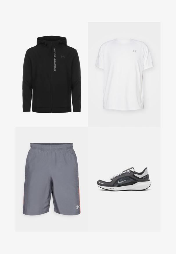 Čierna zipsová mikina s kapucňou vyrobená z jemného, ľahkého materiálu. Obsahuje reflexné logo "UNDER ARMOUR" a hladký povrch.; Biele atletické tričko s krátkym rukávom vyrobené z hladkej tkaniny. Má okrúhly výstrih a šedé logo na ľavej hrudi, so štrbinami po stranách na leme.; Sivé športové kraťasy s elastickým pásom, ktoré majú oranžové bočné akcenty a logo Under Armour na dolnej pravej strane.; Čierna a sivá športová obuv s vrchnou časťou z priedušného materiálu, reflexné akcenty a biely medzipodrážka. Obsahuje štruktúrovanú gumovú podrážku a šnúrky.