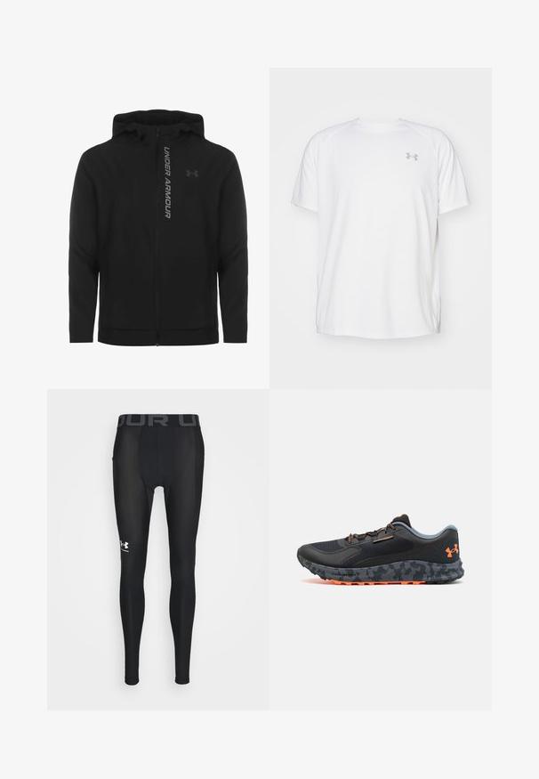 Giacca a zip nera con cappuccio realizzata in materiale morbido e leggero. Presenta il logo riflettente "UNDER ARMOUR" e una texture liscia.; Maglietta da ginnastica bianca a maniche corte realizzata in tessuto liscio. Presenta un colletto rotondo e un logo grigio sul lato sinistro del petto, con fessure laterali all'orlo.; Leggings compressivi neri realizzati in materiale liscio e flessibile, con un'ampia vita elastica decorata con il logo "UNDER ARMOUR" in grigio e un logo stilizzato sulla parte bassa della gamba.; Scarpa sportiva nera con una tomaia texture, dettagli grigi, accenti arancioni, suola con motivo mimetico e sistema di allacciatura per una vestibilità sicura.