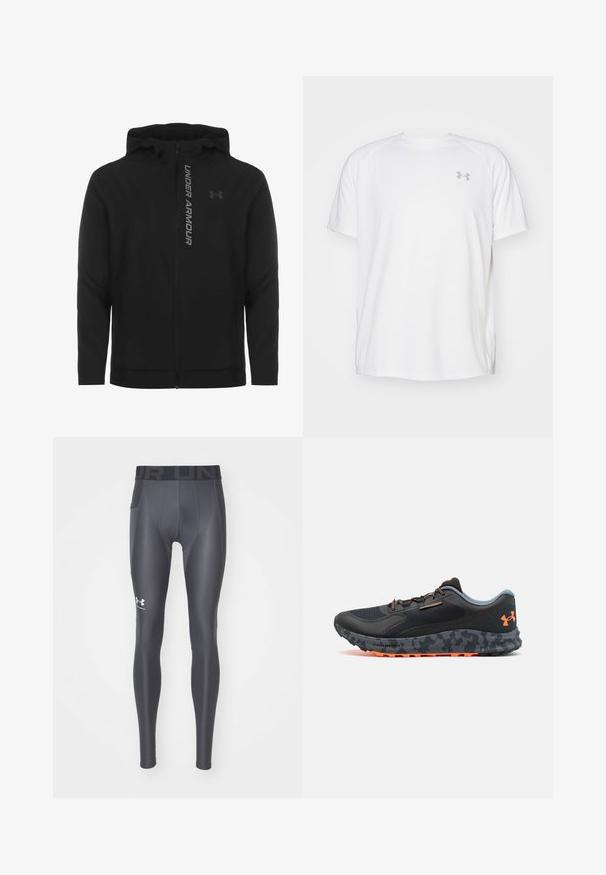 Črna zip-up kapuca izdelana iz mehkega, lahkotnega materiala. Ima odsevni logo "UNDER ARMOUR" in gladko teksturo.; Bela kratka športna majica s kratkimi rokavi, izdelana iz gladkega blaga. Ima okroglo ovratnico in sivo logotip na levi prsi ter stranske razpoke na robu.; Sive atletske legice iz gladkega, raztegljivega materiala, z širokim črnim pasom in majhnim belim logotipom na spodnjem delu noge.; Črne atletske čevlje z teksturiranim zgornjim delom, sivi poudarki, oranžne detajle, podplat s kamuflažnim vzorcem in sistem vezalk za varno prileganje.
