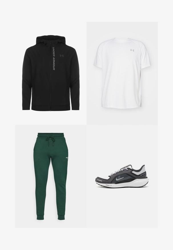 Črna zip-up kapuca izdelana iz mehkega, lahkotnega materiala. Ima odsevni logo "UNDER ARMOUR" in gladko teksturo.; Bela kratka športna majica s kratkimi rokavi, izdelana iz gladkega blaga. Ima okroglo ovratnico in sivo logotip na levi prsi ter stranske razpoke na robu.; Björn Borg ESSENTIAL PANTS - Spodnji deli trenirk - pine grove; Črne in sive atletske čevlje z mrežasto zgornjim delom, odsevnimi detajli in belim srednjim podplatom. Imajo strukturiran gumijast podplat in vezalke.