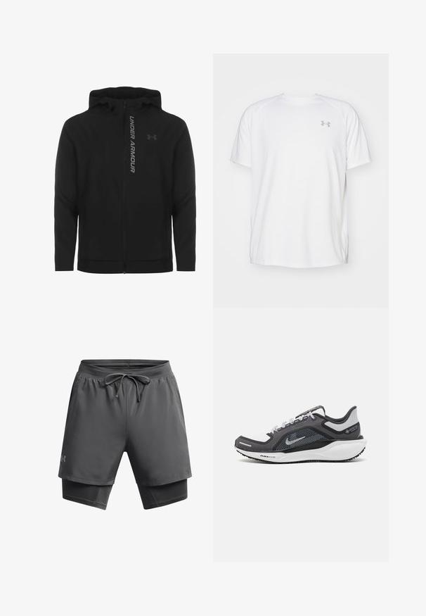 Schwarze, leichte Kapuzenjacke mit Reißverschluss aus weichem Material. Ausgestattet mit reflektierendem "UNDER ARMOUR"-Logo und einer glatten Struktur.; Weißes kurzärmeliges Sportshirt aus glattem Material. Mit Rundhalsausschnitt und grauem Logo auf der linken Brust, sowie seitlichen Schlitzen am Saum.; Männer Sportshorts in Dunkelgrau, ausgestattet mit einem Kordelzugbund, feuchtigkeitsableitendem Material, Außenschicht mit innenseitigem Futter.; Schwarzer und grauer Sportschuh mit einem Mesh-Obermaterial, reflektierenden Akzenten und einer weißen Zwischensohle. Verfügt über eine strukturierte Gummisohle und Schnürsenkel.