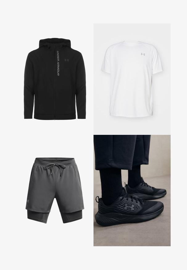 Schwarze, leichte Kapuzenjacke mit Reißverschluss aus weichem Material. Ausgestattet mit reflektierendem "UNDER ARMOUR"-Logo und einer glatten Struktur.; Weißes kurzärmeliges Sportshirt aus glattem Material. Mit Rundhalsausschnitt und grauem Logo auf der linken Brust, sowie seitlichen Schlitzen am Saum.; Männer Sportshorts in Dunkelgrau, ausgestattet mit einem Kordelzugbund, feuchtigkeitsableitendem Material, Außenschicht mit innenseitigem Futter.; Person in schwarzen Sport Sneakers mit strukturierten Seiten und Logo, kombiniert mit schwarzen Socken und kürzeren Hosen auf einem hellen Boden.