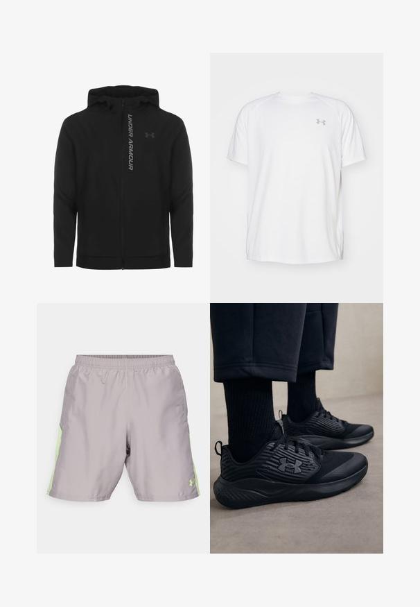 Čierna zipsová mikina s kapucňou vyrobená z jemného, ľahkého materiálu. Obsahuje reflexné logo "UNDER ARMOUR" a hladký povrch.; Biele atletické tričko s krátkym rukávom vyrobené z hladkej tkaniny. Má okrúhly výstrih a šedé logo na ľavej hrudi, so štrbinami po stranách na leme.; Svetlo šedé športové šortky s elastickým pásom, so svetlozelenými bočnými akcentmi a malým logom na dolnej pravej nohe.; Osoba v čiernych atletických teniskách s textúrovanými bokmi a logom, v doplnku s čiernymi ponožkami a skrátenými nohavicami na svetlej podlahe.