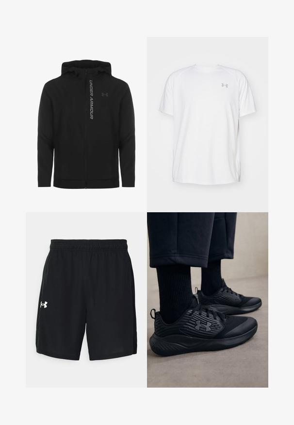 Black zip-up hooded jacket made of soft, lightweight material. Features reflective "UNDER ARMOUR" logo and a smooth texture.; White short-sleeve athletic shirt made of smooth fabric. Features a crew neck and gray logo on the left chest, with side slits at the hem.; Black athletic shorts made of lightweight fabric, featuring an elastic waistband and a white logo on the left side.; Person wearing black athletic sneakers with textured sides and logo, paired with black socks and cropped pants on a light floor.