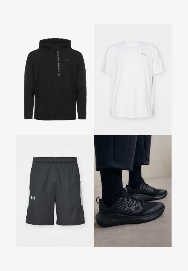 Črna zip-up kapuca izdelana iz mehkega, lahkotnega materiala. Ima odsevni logo "UNDER ARMOUR" in gladko teksturo.; Bela kratka športna majica s kratkimi rokavi, izdelana iz gladkega blaga. Ima okroglo ovratnico in sivo logotip na levi prsi ter stranske razpoke na robu.; Črne športne kratke hlače iz lahkega materiala, z elastiko v pasu in dvema stranskima žepoma z sivo obrobo. Prikazan logotip Under Armour.; Oseba nosi črne atletske superge z teksturirano stranjo in logotipom, v kombinaciji s črnimi nogavicami in skrajšanimi hlačami na svetli podlagi.