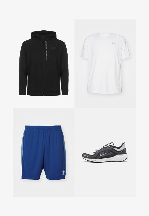Juodas zip-up gobtuvu džemperis, pagamintas iš minkštos, lengvos medžiagos. Yra atspindintis "UNDER ARMOUR" logotipas ir glotni tekstūra.; Balta trumpa rankovėmis sportinė marškinėliai, pagaminti iš lygaus audinio. Yra apvalus kaklas ir pilkas logotipas kairėje krūtinės pusėje, o apatinėje dalyje yra šoninės plyšiai.; Mėlyni sportiniai šortai, pagaminti iš lengvos medžiagos, su elastingu juosmeniu ir maža logotipu dešinėje apačioje.; Juodas ir pilkas sportinis batelis su tinkleliu viršuje, atspindinčiais akcentais ir balta vidurinė dalimi. Yra tekstūruota guminė išorinė pada ir raišteliai.