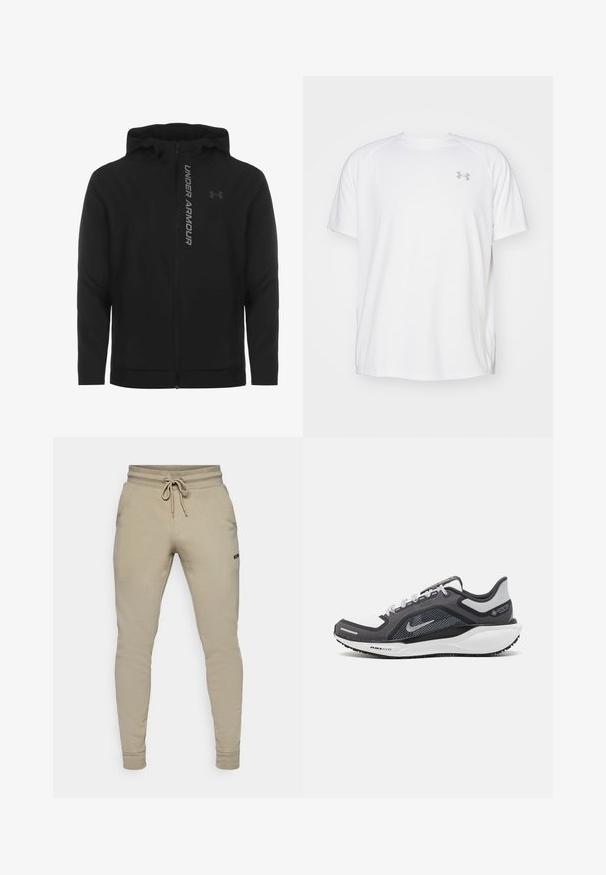 Črna zip-up kapuca izdelana iz mehkega, lahkotnega materiala. Ima odsevni logo "UNDER ARMOUR" in gladko teksturo.; Bela kratka športna majica s kratkimi rokavi, izdelana iz gladkega blaga. Ima okroglo ovratnico in sivo logotip na levi prsi ter stranske razpoke na robu.; Bež jogger hlače iz mehkega blaga, s pasom na vrvico, ožjim krojem in majhnim črnim logotipom na levem stegnu. Enostaven dizajn.; Črne in sive atletske čevlje z mrežasto zgornjim delom, odsevnimi detajli in belim srednjim podplatom. Imajo strukturiran gumijast podplat in vezalke.