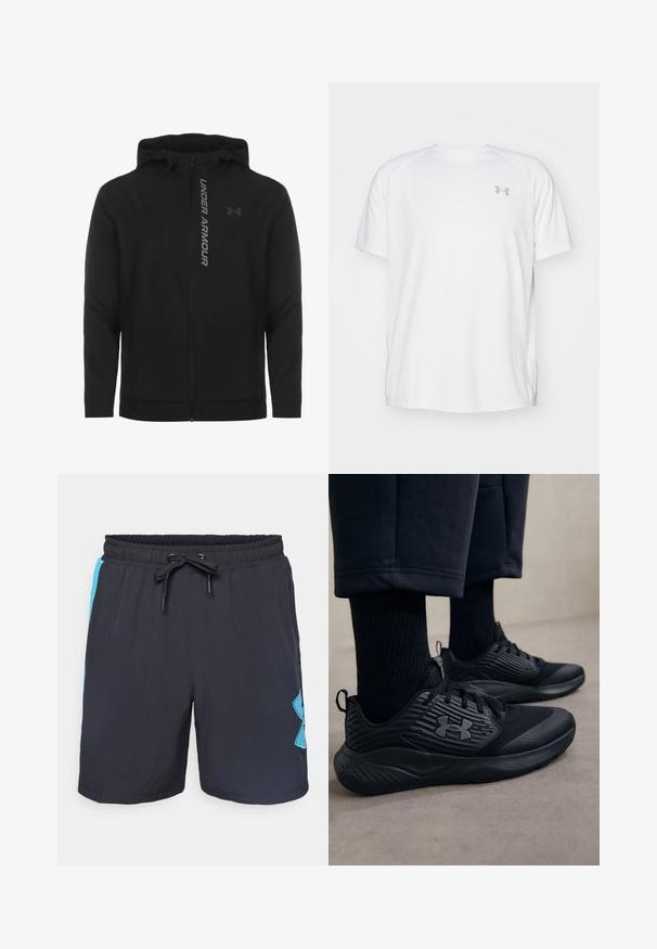 Melnā ar rāvējslēdzēju aizverama kapučjaka, kas izgatavota no mīksta, viegla materiāla. Tam ir atstarojošs "UNDER ARMOUR" logotips un gluda virsma.; Baltas īsajiem piedurknēm sporta krekls, izgatavots no gludas auduma. Tam ir apaļa kakla izgriezums un pelēks logo uz kreisās krūtis, kā arī sānu šķēlumi apakšmalā.; Melni sporta šorti ar elastīgu jostu, sarežģītu slēgšanu, sānu zilām paneļiem un izteiktu gaiši zilu logotipu labajā kājā.; Persona, kurš valkā melnus sporta apavus ar teksturētām sāniem un logo, kombinēti ar melnām zeķēm un īsām biksēm uz gaišas grīdas.