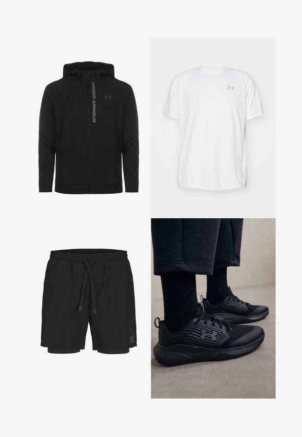 Melnā ar rāvējslēdzēju aizverama kapučjaka, kas izgatavota no mīksta, viegla materiāla. Tam ir atstarojošs "UNDER ARMOUR" logotips un gluda virsma.; Baltas īsajiem piedurknēm sporta krekls, izgatavots no gludas auduma. Tam ir apaļa kakla izgriezums un pelēks logo uz kreisās krūtis, kā arī sānu šķēlumi apakšmalā.; Melnas peldēšanas šortus, kas izgatavoti no viegla auduma, ar elastīgu jostasvietu, regulējamu auklu un iekšējo oderi. Sānos ir logo.; Persona, kurš valkā melnus sporta apavus ar teksturētām sāniem un logo, kombinēti ar melnām zeķēm un īsām biksēm uz gaišas grīdas.