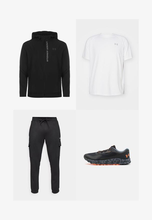 Černá zipová mikina s kapucí vyrobená z měkkého, lehkého materiálu. Obsahuje odrazový logo "UNDER ARMOUR" a hladkou texturu.; Bílé sportovní tričko s krátkým rukávem vyrobené z hladké látky. Má kulatý výstřih a šedé logo na levé straně hrudi, s bočními rozparky na lemu.; Jack & Jones Performance JPSTGORDON JJBASIC ICE CARGO PANTS - Kalhoty - black; Černá sportovní obuv s texturovaným svrškem, šedými akcenty, oranžovými detaily, podešví s kamuflážním vzorem a systémem šněrování pro bezpečné uchycení.