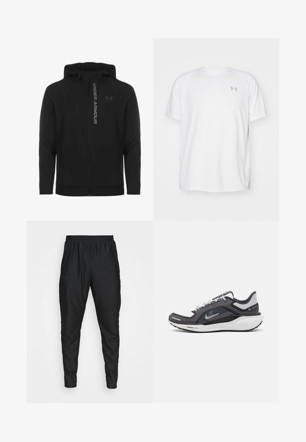 Black zip-up hooded jacket made of soft, lightweight material. Features reflective "UNDER ARMOUR" logo and a smooth texture.; White short-sleeve athletic shirt made of smooth fabric. Features a crew neck and gray logo on the left chest, with side slits at the hem.; Under Armour Tracksuit bottoms - black; Black and gray athletic shoe with a mesh upper, reflective accents, and a white midsole. Features textured rubber outsole and laces.