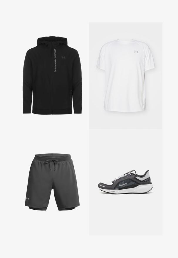 Chaqueta con capucha y cremallera negra hecha de material suave y ligero. Presenta un logotipo reflectante de "UNDER ARMOUR" y una textura lisa.; Camisa atlética de manga corta blanca, hecha de tejido suave. Presenta un cuello redondo y un logo gris en el lado izquierdo del pecho, con aberturas laterales en el dobladillo.; Pantalones cortos deportivos de color gris oscuro con cinturilla elástica, cordón ajustable y forro interno de malla; presentan un sutil logotipo en la pierna izquierda.; Zapatilla deportiva negro y gris con parte superior de malla, acentos reflectantes y una entresuela blanca. Presenta una suela de goma texturizada y cordones.