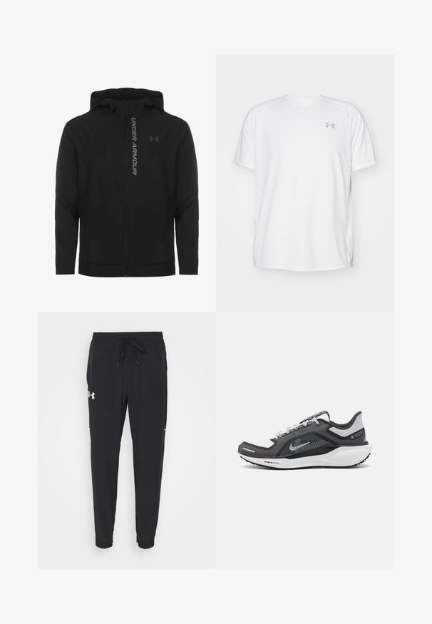 Melnā ar rāvējslēdzēju aizverama kapučjaka, kas izgatavota no mīksta, viegla materiāla. Tam ir atstarojošs "UNDER ARMOUR" logotips un gluda virsma.; Baltas īsajiem piedurknēm sporta krekls, izgatavots no gludas auduma. Tam ir apaļa kakla izgriezums un pelēks logo uz kreisās krūtis, kā arī sānu šķēlumi apakšmalā.; Melnas sporta bikses ar elastīgu jostu un auklu, sašaurinātām kājām, sānu kabatām un baltu logo detaļu uz kreisā augšstilba.; Melnas un pelēkas sporta kurpes ar tīklu augšdaļu, atstarojošiem akcentiem un baltu starpzoli. Aprīkotas ar teksturētu gumijas zoli un šņorēm.