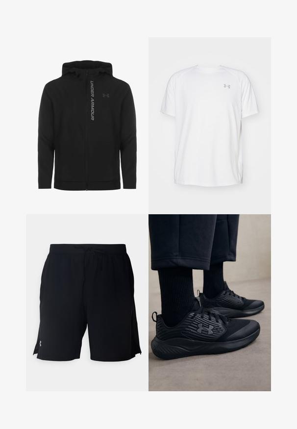 Schwarze, leichte Kapuzenjacke mit Reißverschluss aus weichem Material. Ausgestattet mit reflektierendem "UNDER ARMOUR"-Logo und einer glatten Struktur.; Weißes kurzärmeliges Sportshirt aus glattem Material. Mit Rundhalsausschnitt und grauem Logo auf der linken Brust, sowie seitlichen Schlitzen am Saum.; Schwarze Sportshorts aus leichtem Material, mit einem elastischen Bund und Kordelzug sowie seitlichen Netzpaneelen zur Belüftung.; Person in schwarzen Sport Sneakers mit strukturierten Seiten und Logo, kombiniert mit schwarzen Socken und kürzeren Hosen auf einem hellen Boden.