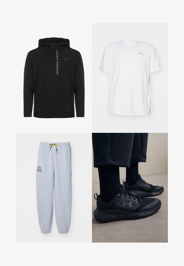 Chaqueta con capucha y cremallera negra hecha de material suave y ligero. Presenta un logotipo reflectante de "UNDER ARMOUR" y una textura lisa.; Camisa atlética de manga corta blanca, hecha de tejido suave. Presenta un cuello redondo y un logo gris en el lado izquierdo del pecho, con aberturas laterales en el dobladillo.; Pantalones de chándal de color gris claro, confeccionados en una mezcla de algodón. Cuentan con una cintura elástica con cordón amarillo, bolsillos laterales y el logo de "Under Armour" en verde.; Persona que lleva zapatillas deportivas negras con lados texturizados y un logo, combinadas con calcetas negras y pantalones cortos sobre un suelo claro.