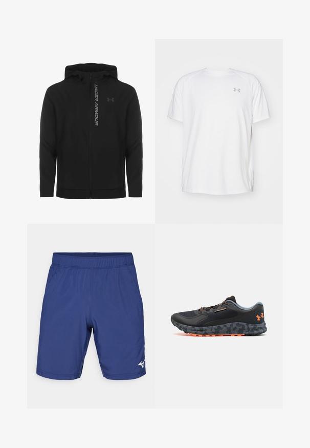 Black zip-up hooded jacket made of soft, lightweight material. Features reflective "UNDER ARMOUR" logo and a smooth texture.; White short-sleeve athletic shirt made of smooth fabric. Features a crew neck and gray logo on the left chest, with side slits at the hem.; Navy blue athletic shorts with an elastic waistband, two side pockets, and a white logo detail. Made from lightweight synthetic material.; Black athletic shoe with a textured upper, gray accents, orange detailing, camo-patterned sole, and lacing system for secure fit.