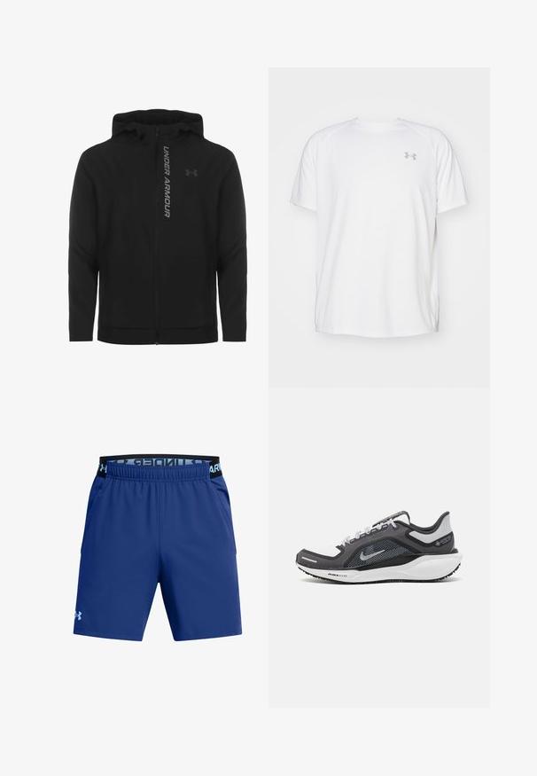 Chaqueta con capucha y cremallera negra hecha de material suave y ligero. Presenta un logotipo reflectante de "UNDER ARMOUR" y una textura lisa.; Camisa atlética de manga corta blanca, hecha de tejido suave. Presenta un cuello redondo y un logo gris en el lado izquierdo del pecho, con aberturas laterales en el dobladillo.; Pantalones cortos deportivos azules con una cinturilla elástica que presenta un logo negro. Fabricados con material ligero y suave, cuentan con bolsillos laterales.; Zapatilla deportiva negro y gris con parte superior de malla, acentos reflectantes y una entresuela blanca. Presenta una suela de goma texturizada y cordones.