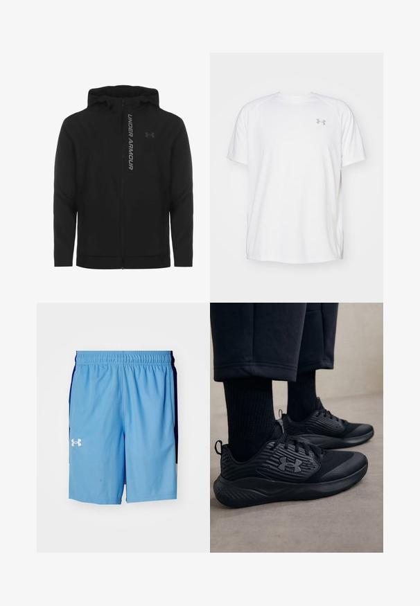 Must must erineva kapuutsiga jakk, mis on valmistatud pehmest ja kergest materjalist. Omab peegeldavat "UNDER ARMOUR" logo ja sujuvat tekstuuri.; Valge lühikeste varrukate ja sportliku lõikega särk, millel on sile kangas. Omab ümarat kaelust ja halli logo vasakul rinnal, ning külgsuured lõhik kui lõhateel.; Under Armour ZONE - Spordišortsid - horizon blue/tech blue; Isik, kes kannab musti spordijalatsid, millel on tekstuurilised küljed ja logo, koos mustade sokkide ja lühikeste pükstega heledal põrandal.